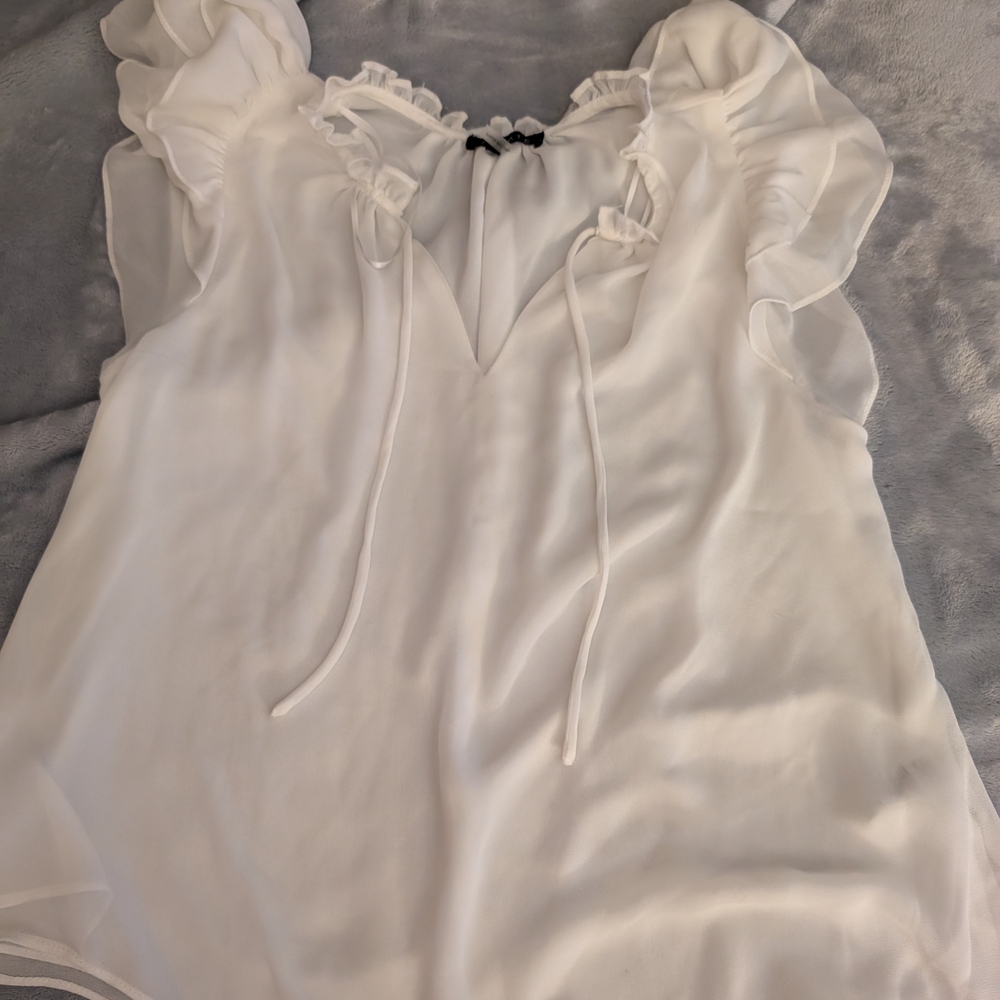 1. State White Puff Sleeve Blouse with Ruffled Tie Front
